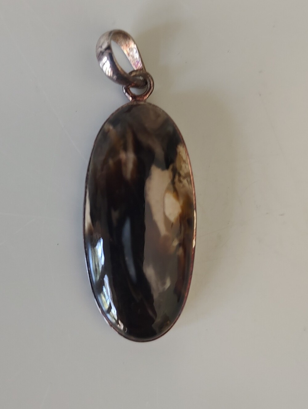 Sterling Silver Polished Jasper Brown Cream Oval Pendant 925
